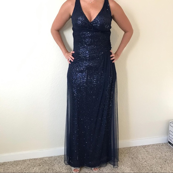 {Ralph Lauren} Navy blue sequined gown. - Picture 3 of 8